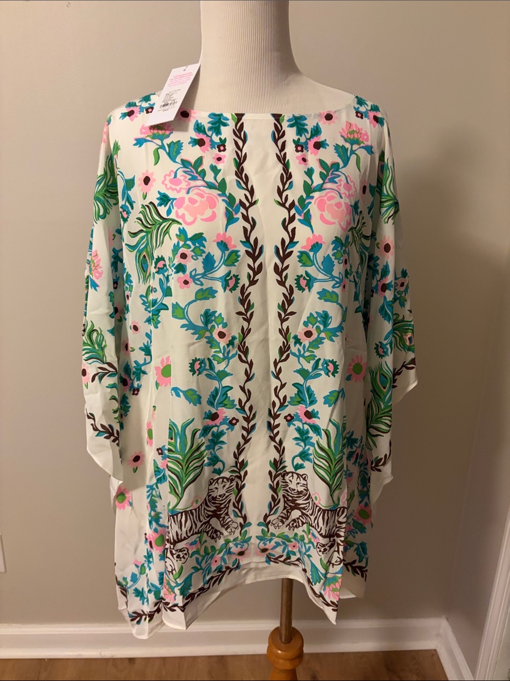 Lilly Pulitzer White Top with Pink, Teal & Green Floral Print